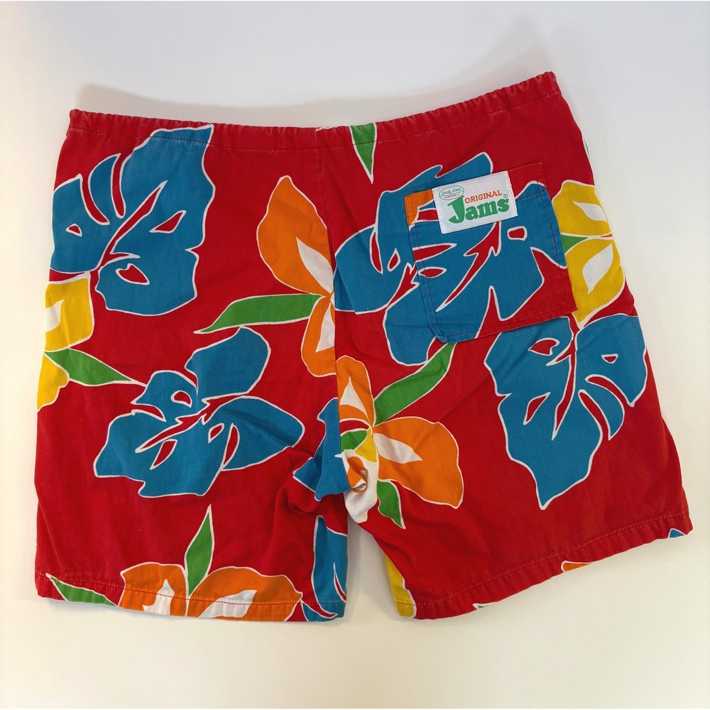 VTG 80s Original Jams Surf Line Hawaii Cotton Board Shorts M Hibiscus Floral USA